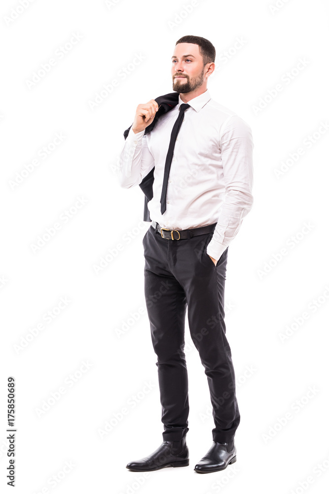 Portrait of a businessman smiling with jacket over shoulder on white background Portrait of a businessman smiling with jacket over shoulder on white background