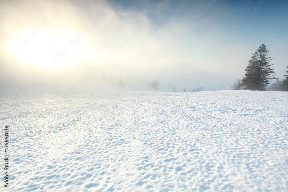sunrise in fog on the snowy mountain top sunrise in fog on the snowy mountain top