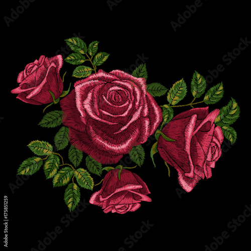 Red roses embroidery. Element for design. Satin stitch imitation, vector.