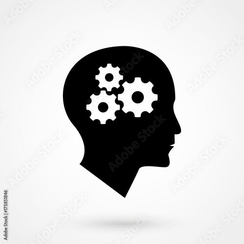 Vector silhouette of human head with gears. Thinking process illustration