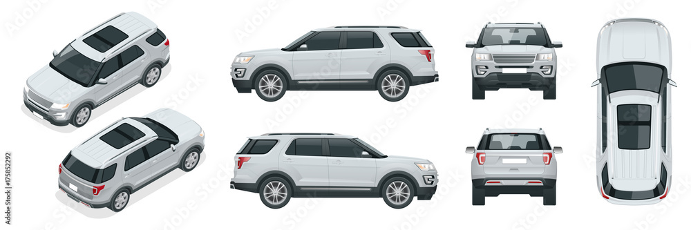 Off-road write car Modern VIP transport. Offroad truck template vector isolated car on white View front, rear, side, top and isometry front, back Change the color in one click All elements in groups - obrazy, fototapety, plakaty 