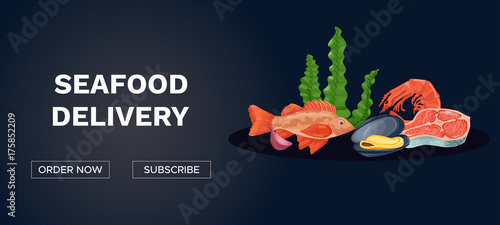 Seafood delivery banner with colorful icons of fish, mussels, sa