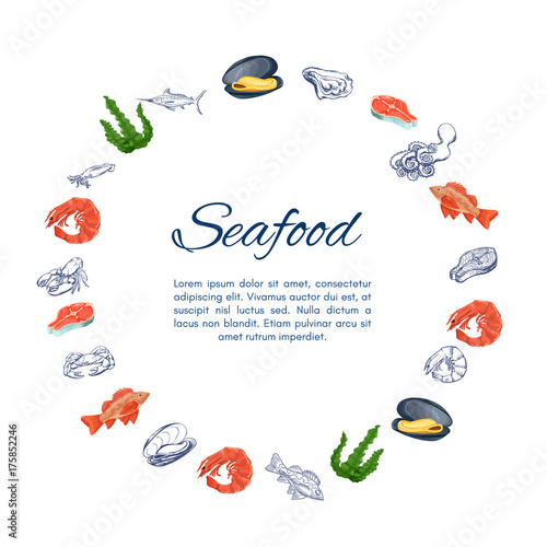 Seafood wreath banner with colorful icons of fish, mussels, salm