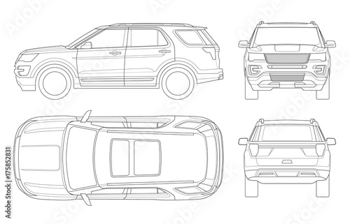 Outline Off-road write car or Modern VIP transport. Offroad truck template vector isolated car on white. View front, rear, side, top. All elements in groups on separate layers