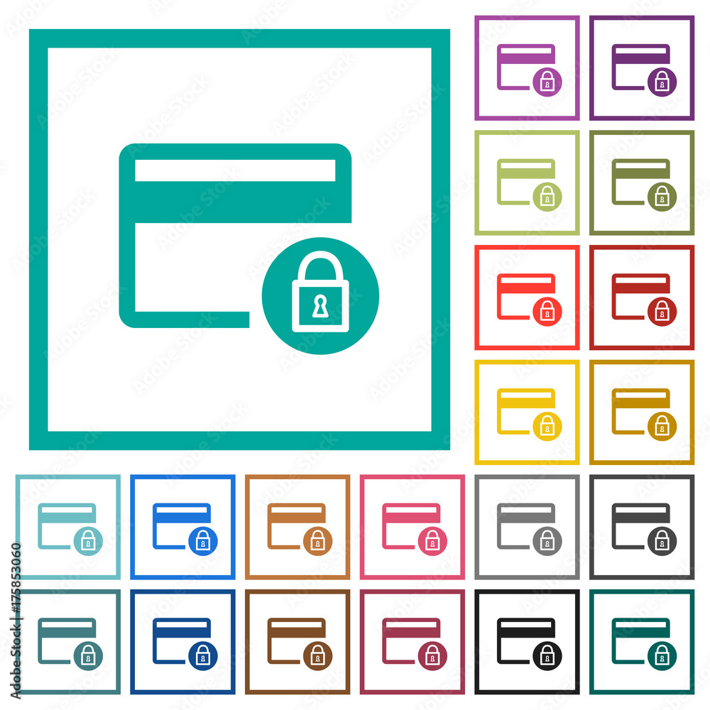 Lock credit card transactions flat color icons with quadrant frames