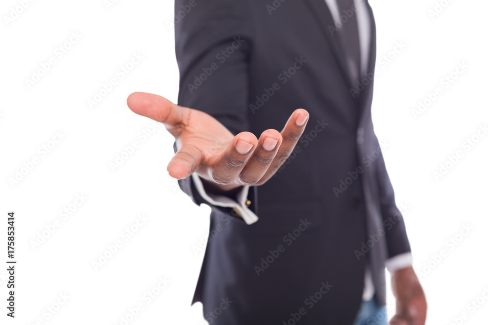 Fototapeta premium Unrecognizable black man holding palm open or stretches out hand