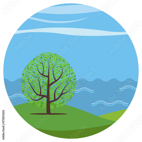 Vector cartoon landscape with the lonely tree against the seа in circle. 
