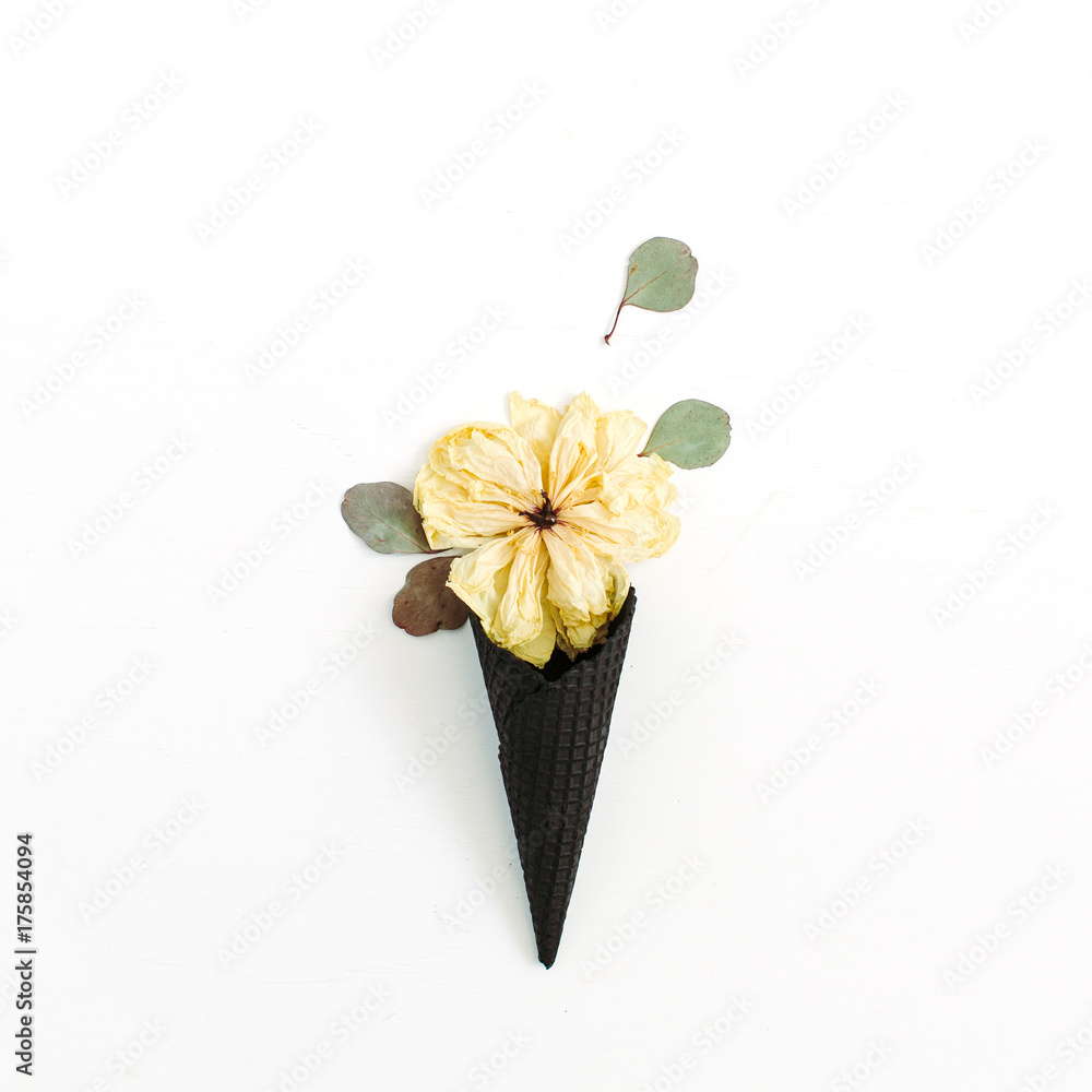 Black ice cream waffle cone with dry peony bud and eucalyptus leaf ...
