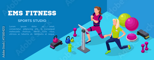 Sport club banner, ems fitness  studio with people doing electrical muscular workout, power exercises and sports equipment. Vector illustration