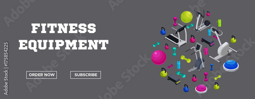 Sports fitness accessories banner with set of isometric sports equipment, colorful background with dumbells, step platforms, fit ball, half ball, bottle, workout tools, vector illustration
