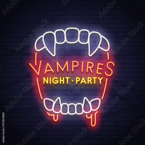 Vampires neon sign. Night paty neon. Happy Halloween. Neon sign, bright signboard, light banner. 