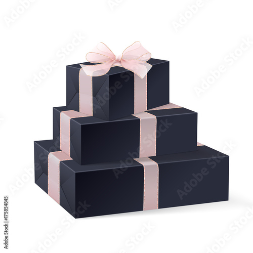 Stack of three realistic black gift boxes with pink ribbon and bow. Isolated on white background. Vector illustration. White blank wrapping paper for your pattern design. Mock up. Christmas gifts.