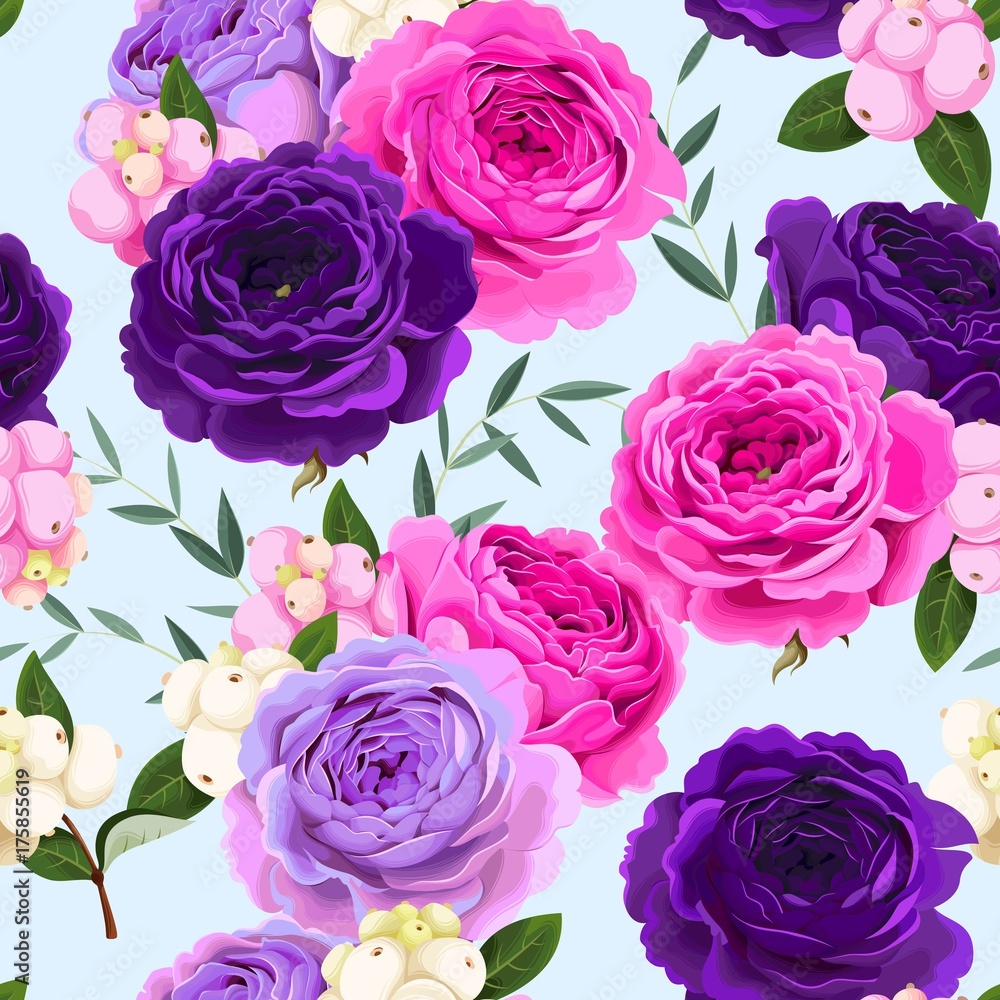 Seamless pattern with roses and berries