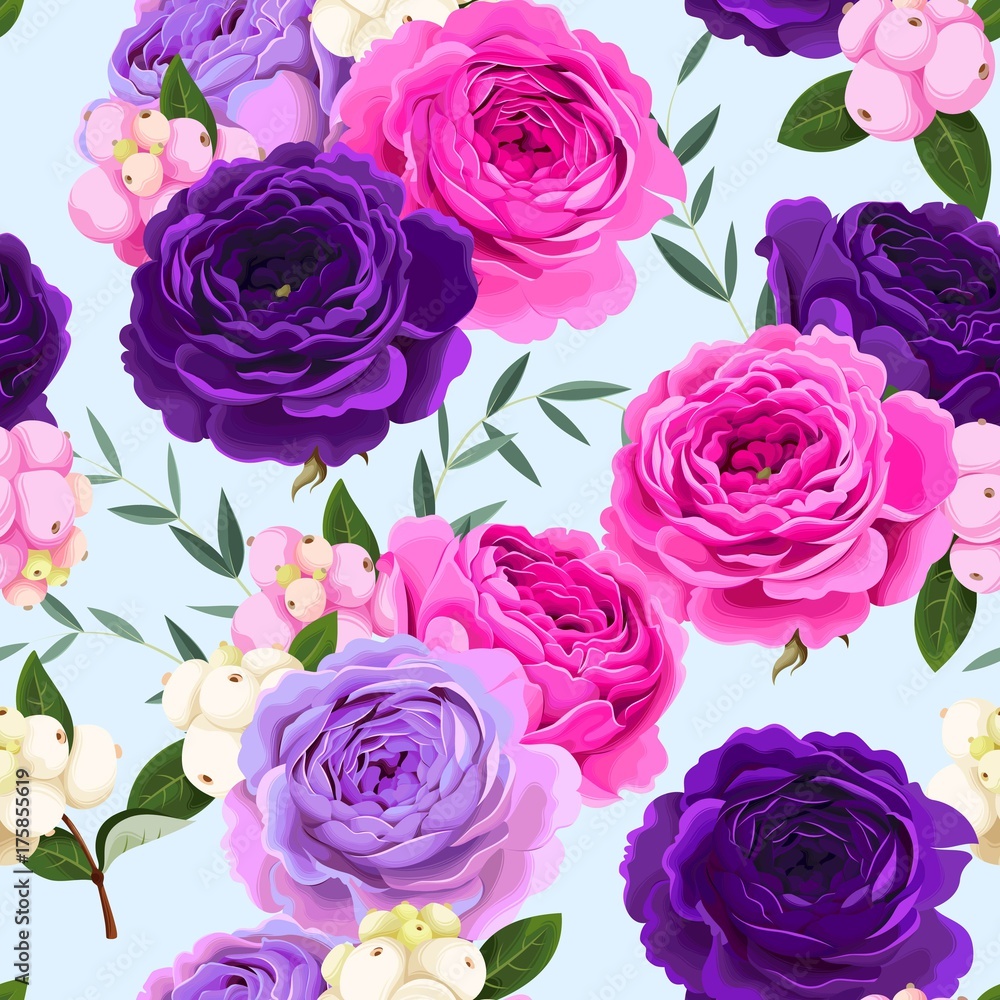 Seamless pattern with roses and berries Seamless pattern with roses and berries