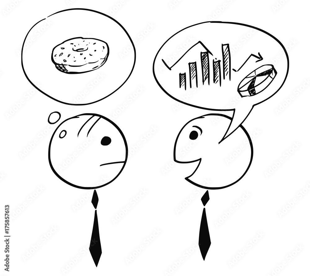Two Businessman Talking About Charts and Doughnut Donut Two Businessman Talking About Charts and Doughnut Donut