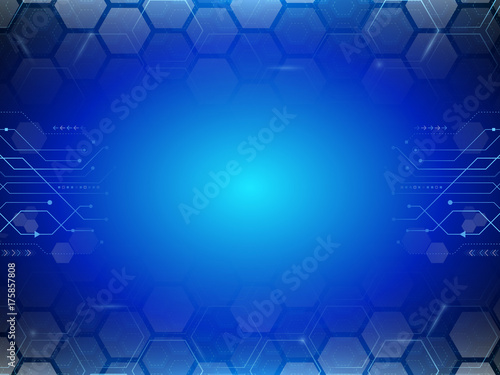 Futuristic circuit board. Blue hexagon abstract cyber future technology concept background.