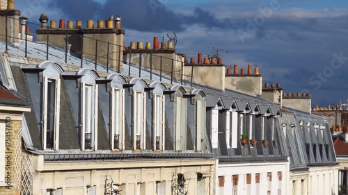 Perspective de lucarnes et cheminées sur les toits de Paris (France) © Florence Piot