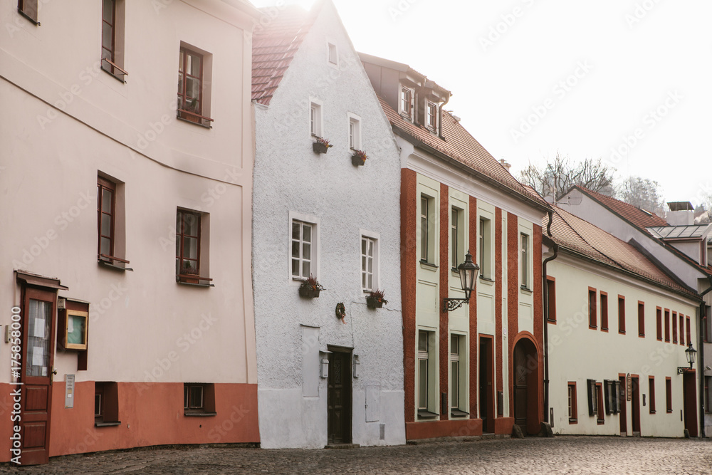 Naklejka premium Beautiful street in the town of Cesky Krumlov in the Czech Republic. One of the most beautiful unusual small cities in the world.