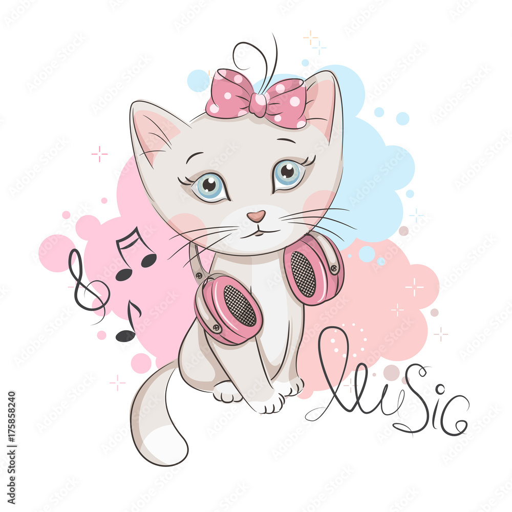 Obraz premium Illustration of cute kitten with headphones. Vector design on white background. Print for t-shirt. Romantic hand drawing illustration for children.