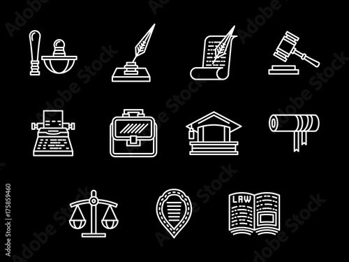 Legal regulations white line vector icons set