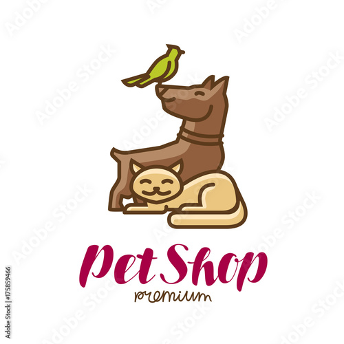 Pet shop label or logo. Animals, parrot, dog, cat icon. Vector illustration