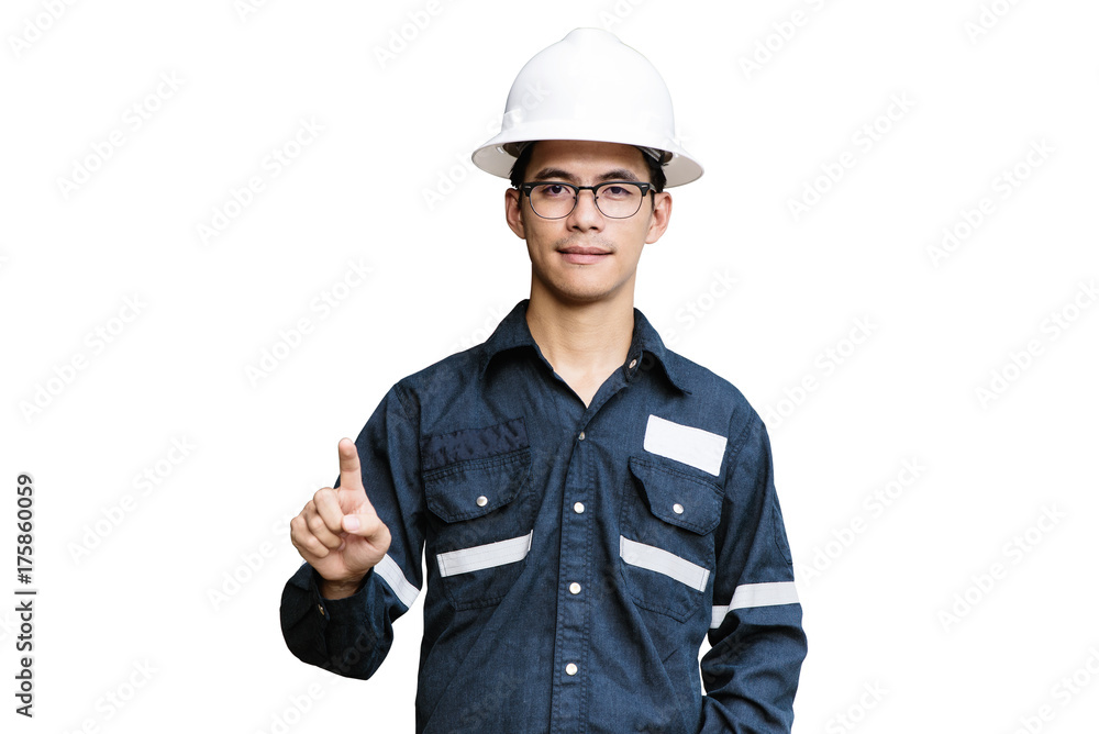Asian man,Engineer or Technician in white helmet, glasses and blue working shirt suit Pointing the finger, isolated on white, mechanic and Oil and Gas industrial concept with clipping path Asian man,Engineer or Technician in white helmet, glasses and blue working shirt suit Pointing the finger, isolated on white, mechanic and Oil and Gas industrial concept with clipping path