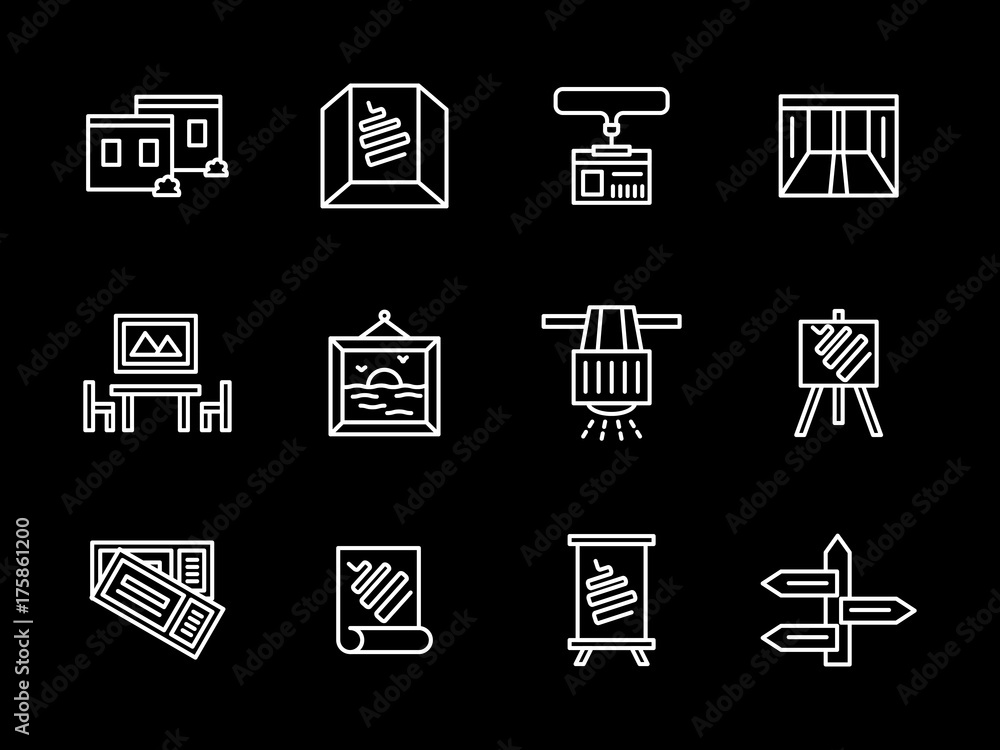 Art showroom white line vector icons set Art showroom white line vector icons set