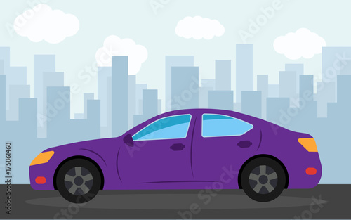 Fototapeta Naklejka Na Ścianę i Meble -  Purple sports car in the background of skyscrapers in the afternoon.  Vector illustration.
