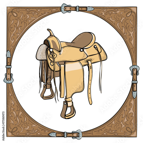 Cowboy western saddle in the leather frame background. Vector cartoon hand drawn illustration of horse tack gear. Equestrian tools for horse riding.