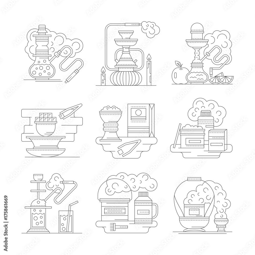 Hookah accessories line detailed vector icons set Hookah accessories line detailed vector icons set