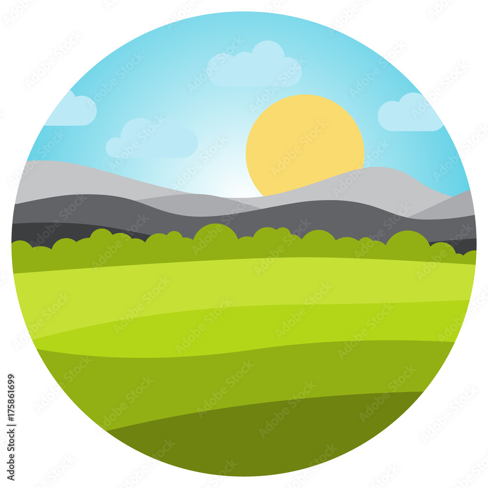 Vector landscape with field and mountains in circle. . Early morning with the rising of the sun on the horizon. Vector illustration.
