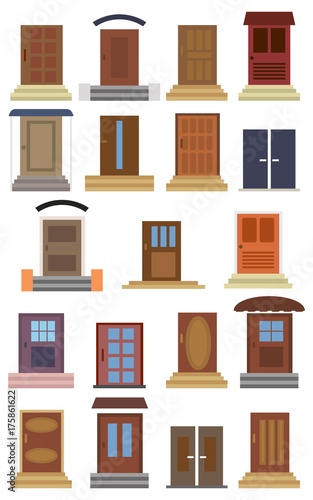Collection of closed entrance doors of different types. Color doors front to house and building. Vector illustration. 