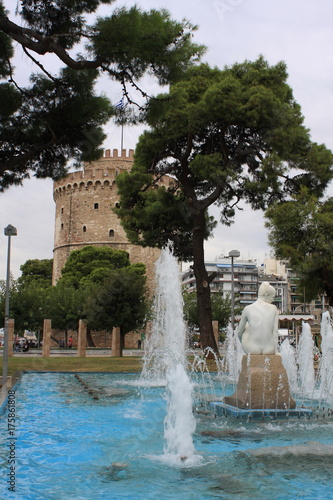 Fountain next to the White Tower (Lefkos Pyrgos), Thessaloniki, Macedonia, Greece photo