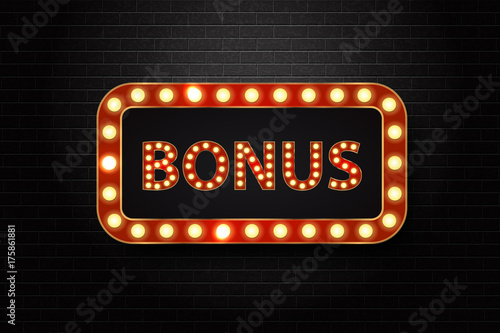 Vector realistic isolated retro neon billboard for bonus win with glowing lamps on the wall background. Concept of slot win, casino and award ceremony.