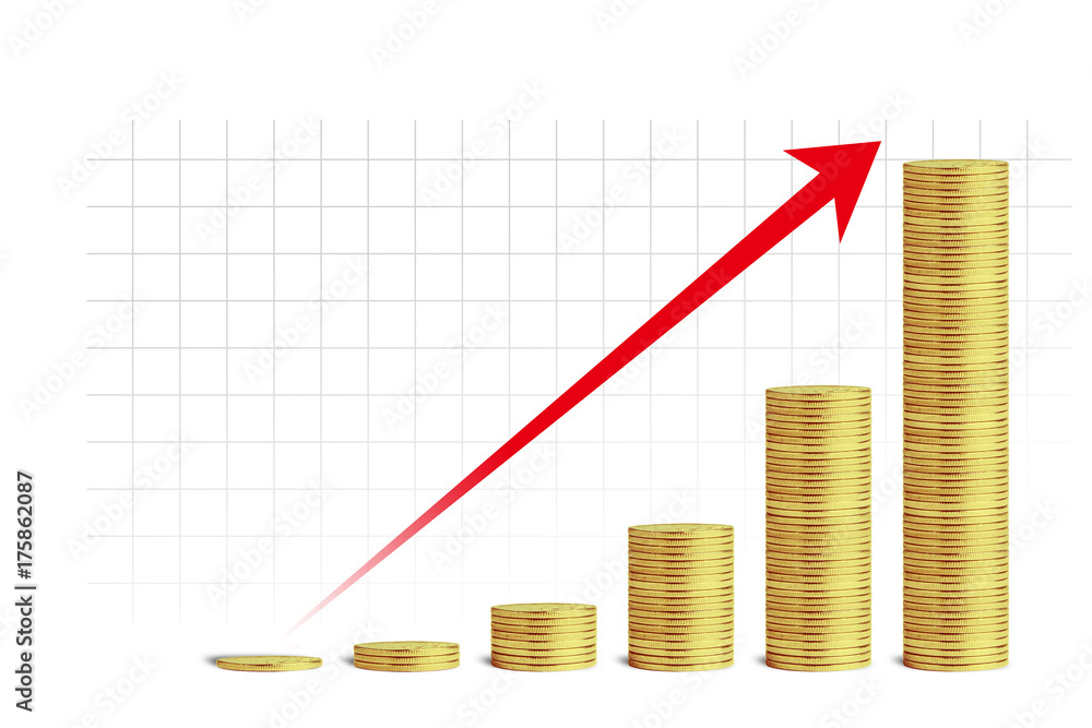 Rows of gold coins for finance and banking concept with Airrow graph on white Rows of gold coins for finance and banking concept with Airrow graph on white