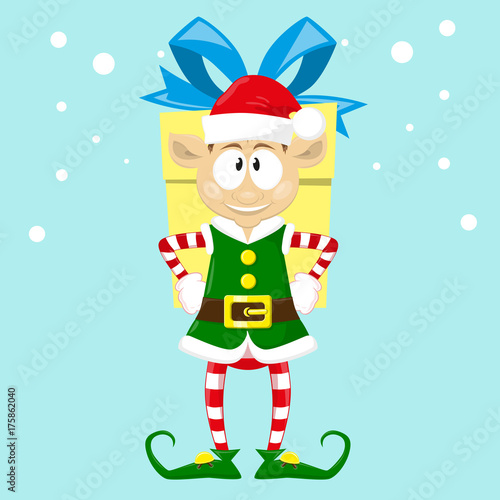 Cute and funny character Merry Christmas elf in santa claus hat. Happy New Year symbol.  Design element for congratulation card, banner, leaflet, poster. Cartoon style. Vector illustration.