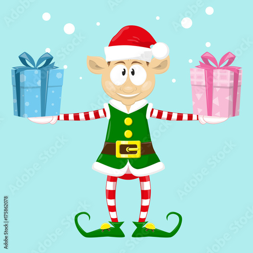 Cute and funny character Merry Christmas elf in santa claus hat. Happy New Year symbol.  Design element for congratulation card, banner, leaflet, poster. Cartoon style. Vector illustration.