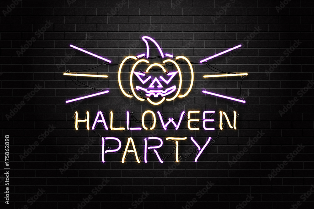 Obraz premium Vector realistic isolated neon sign of Halloween spooky pumpkin and lettering for decoration and covering on the wall background. Concept of Happy Halloween Party.