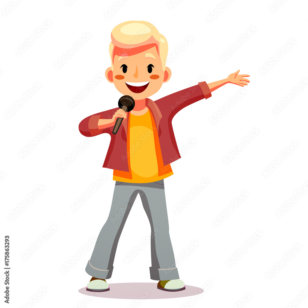 Cute girl sings a song into the microphone. Talented child involved in the competition, performs in concert, sings karaoke. Funny cartoon character. Isolated on white background. Vector illustration. Cute girl sings a song into the microphone. Talented child involved in the competition, performs in concert, sings karaoke. Funny cartoon character. Isolated on white background. Vector illustration.