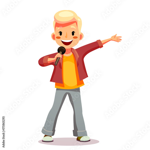 Cute girl sings a song into the microphone. Talented child involved in the competition, performs in concert, sings karaoke. Funny cartoon character. Isolated on white background. Vector illustration.