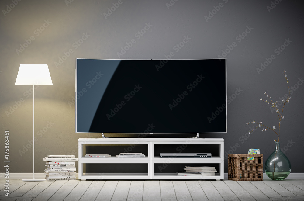 3d interior rendering of modern living room with tv and lamp in front of wall 3d interior rendering of modern living room with tv and lamp in front of wall