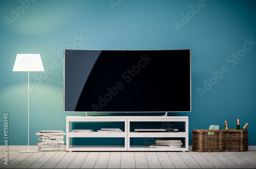 Fototapeta Naklejka Na Ścianę i Meble -  3d interior rendering of modern living room with tv and lamp in front of wall