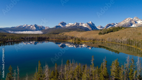 Unique view of Little Redfish Lake and the Sawtooth Mountains Idaho