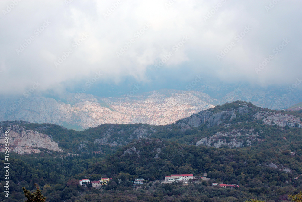Panoramic view of the high green mountains in Montenegro