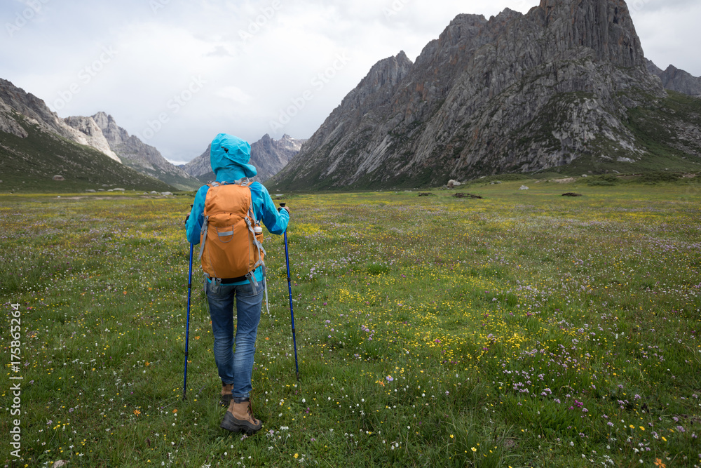 young backpacking woman hiking in the nature
