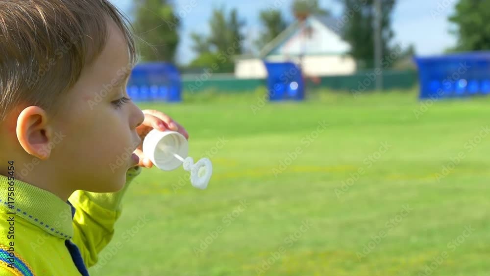happy child in slow motion blows soap bubbles in a spring park happy child in slow motion blows soap bubbles in a spring park