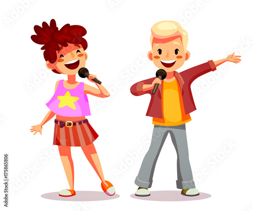 Girl and boy singing into a microphone. Funny cartoon character. Isolated on white. Vector illustration