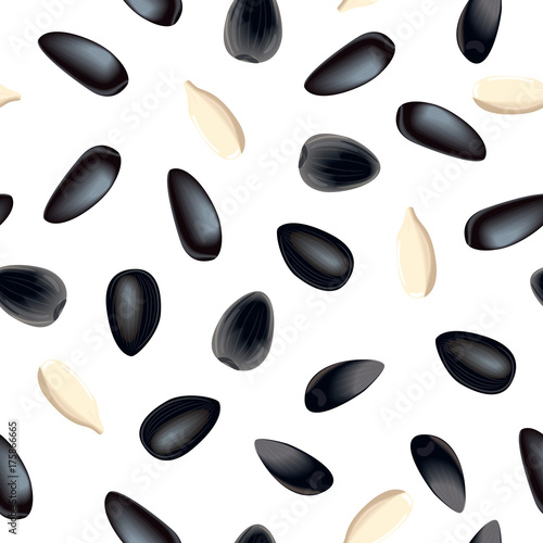 Sunflower seeds Seamless vector pattern. Whole and peeled color icon cartoon design