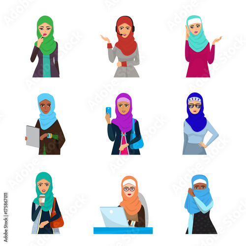 Arabic woman adult character Asia nationality islamic girl face in hijab vector illustration