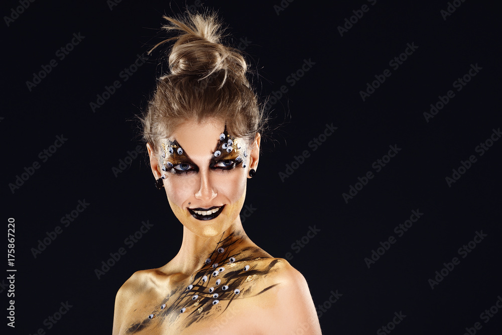 Mystic hero, golden girl. Fantasy makeup. Mystic hero, golden girl. Fantasy makeup.